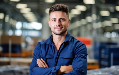 Confident male worker or labor standing in the factory