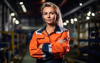 Young and confident female worker or labor at factory.