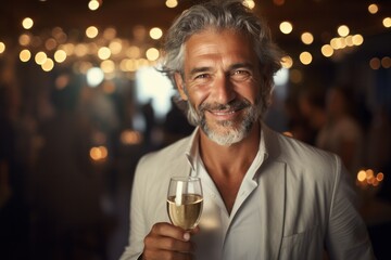 Happy senior man, a mature sommelier, enjoying a glass of red wine in a winery, exuding satisfaction. - obrazy, fototapety, plakaty