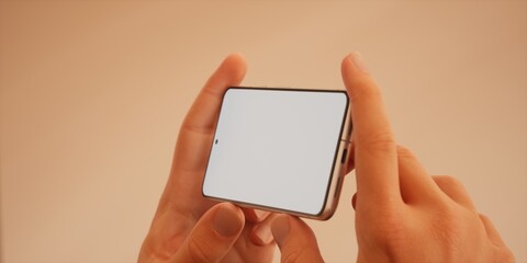 Caucasian man holding phone, blank screen mockup, color of 2024 peach fuzz bg