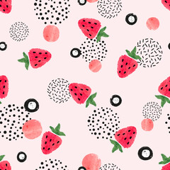 Seamless strawberry print. Vector abstract pattern with watercolor berries - 695877392