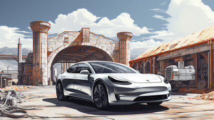 Black and white sketch of hybrid car charging at electric power station, AI Generated - obrazy, fototapety, plakaty