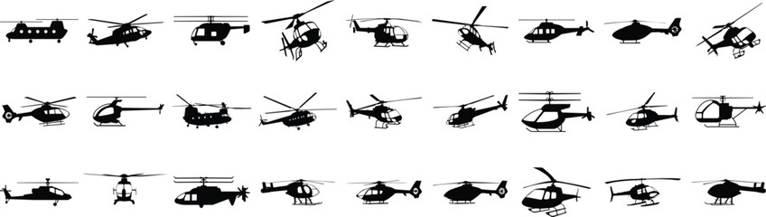 Set of black helicopter  silhouettes vector illustrations isolated on white background