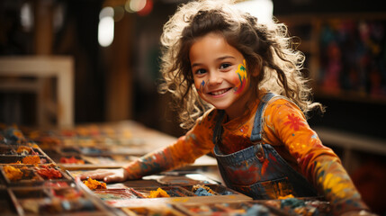 Smiling child artist presenting her hands dotted with vibrant hues of her artwork, AI Generated - obrazy, fototapety, plakaty