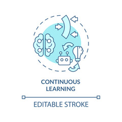 2D editable blue continuous learning icon, monochromatic isolated vector, thin line illustration representing cognitive computing.