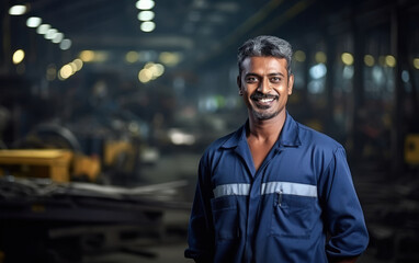 Confident indian male worker or labor standing in the factory - obrazy, fototapety, plakaty