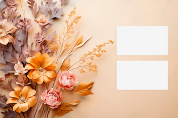 Blank paper sheet cards mockup with autumn composition. Top view