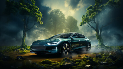 Illustrate how green energy is harnessed to charge an electric vehicle, AI Generated - obrazy, fototapety, plakaty