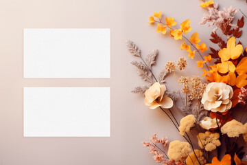 Blank paper sheet cards mockup with autumn composition. Top view