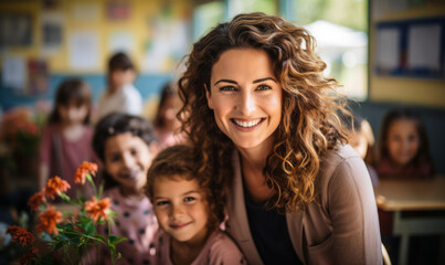 Obraz premium Dedicated Teacher Smiling with Diverse Young Students in a Vibrant Classroom Environment