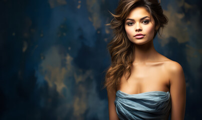 Elegant Young Woman in a Strapless Blue Gown with a Textured Blue Artistic Background