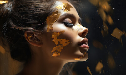 Abstract Elegance: Woman with Golden Flecks on Her Face, Reflecting a Fusion of Nature and Artistry in Profile View