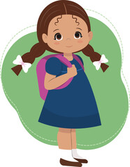 Smiling schoolgirl with pink backpack and ponytails