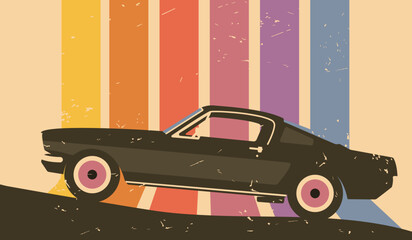 Vintage style colorful car illustration - obrazy, fototapety, plakaty