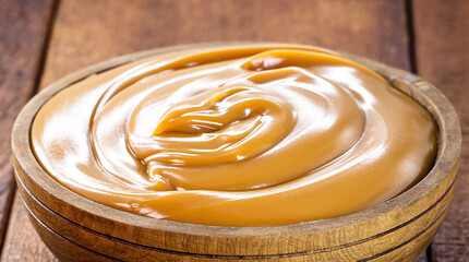 pot of dulce de leche or homemade caramel on rustic wooden background, typical Brazilian sweet