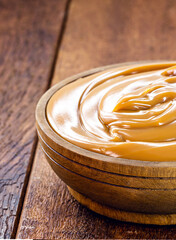 pot of vegan dulce de leche or homemade caramel on rustic wooden background, typical Brazilian sweet