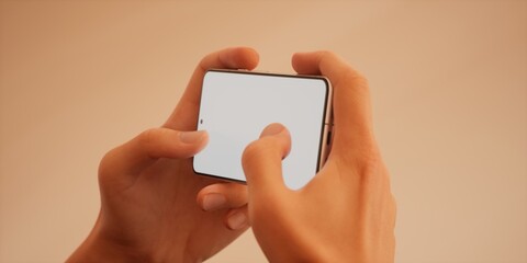 Caucasian man holding phone, blank screen mockup, color of 2024 peach fuzz bg