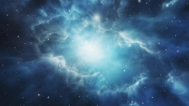 A bright blue nebula shines, a beacon of stellar creation in the cosmos.