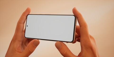 Caucasian man holding phone, blank screen mockup, color of 2024 peach fuzz bg