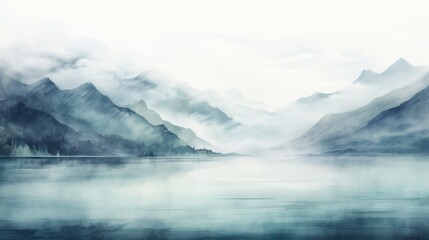Fototapeta na wymiar Misty Mountain Lake with Gentle Rain