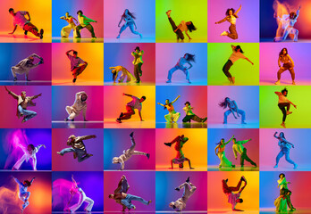 Collage. Talented artistic young people, men and women perfuming hip hop, breakdance over multicolored background in neon light. Concept of modern dance styles, hobby, youth, active lifestyle
