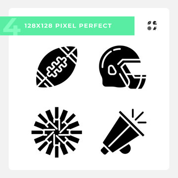 Football equipment black glyph icons set on white space. American football player helmet. Team support. Game day. Silhouette symbols. Solid pictogram pack. Vector isolated illustration