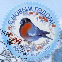 RUSSIA - 2023: shows bullfinch, devoted Happy New Year, 2023