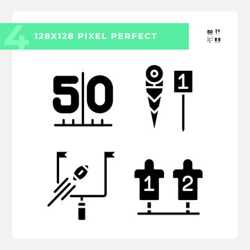 Football Match Preparation Black Glyph Icons Set On White Space. Goal Post. First Down Marker. American Football Sled. Silhouette Symbols. Solid Pictogram Pack. Vector Isolated Illustration