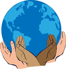 Globe of Earth in multinational hands symbolizes peace, unity, and care for the planet. Symbol of global peace, environmental sustainability and ecology, shared responsibility for the world.