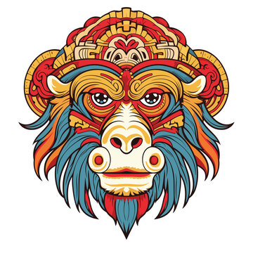 Vector Ornate Monkey Head. Patterned Tribal Colored Design. Chinese style vector illustration