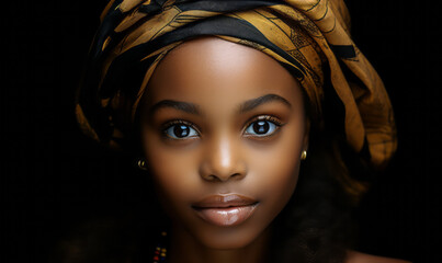 Ethereal Young African Girl with Beautiful Big Eyes Wearing a Traditional Gold Headwrap, Captivating Portrait on a Black Background