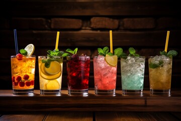 Refreshing assortment of fruit cocktails and soft summer drinks displayed on a rustic wooden bar