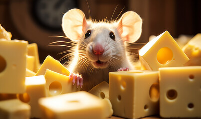 Adorable Rat Peeking Out From Yellow Swiss Cheese Blocks in Warm Kitchen Light