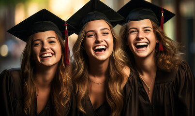 Obraz premium Three Jubilant Graduates in Caps and Gowns, Celebrating Academic Success with Bright, Hopeful Smiles
