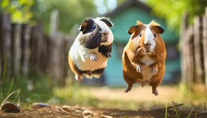 Fotobehang two guinea pigs jumping for joy. ai generated © hanohiki