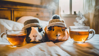 being sick, drinking hot. Guinea Pigs having a cold laying in bed ,ai generated - obrazy, fototapety, plakaty