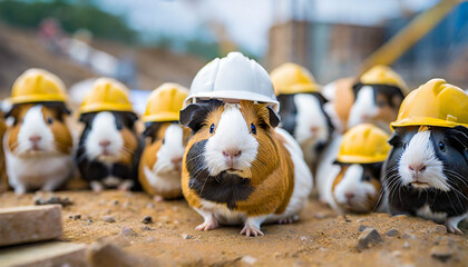  group of construcion worker guinea pigs wearing helmets on construction site .ai generated - obrazy, fototapety, plakaty