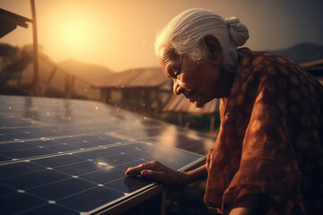 Older woman assessing the solar panel system. Human interaction with solar energy systems committed to sustainability and renewable energy.