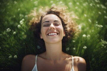 Woman Happy, Beautiful Active Free Girl on Summer Green Outdoor Background - obrazy, fototapety, plakaty