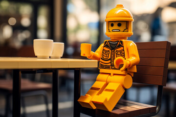 Generative AI portrait of funny lego man sitting dreamy in aroma cafeteria enjoying morning coffee