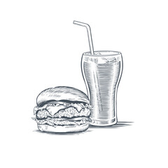 Burger and a glass of Coke with a straw.  Vector illustration in engraving style