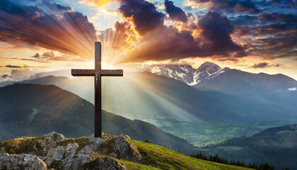 jesus christ cross easter resurrection concept christian cross on a background with dramatic lighting colorful mountain sunset dark clouds and sky and sunbeams - Powered by Adobe
