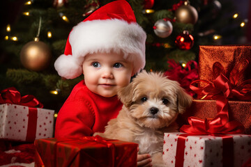 Fototapeta na wymiar Cute sweet little infant baby celebrating his her first new year christmas holidays Generative AI