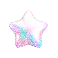 Vector 3d rainbow glitter textured star icon on white background. Cute realistic cartoon 3d render, glossy pink and blue holographic sparkling star Illustration for decoration, web, game design, app