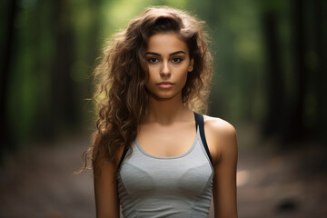 Naklejka premium Generative ai image of healthy sporty girl running in green forest in morning