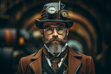 Portrait made with generative ai of a grunge old style man wearing a steampunk costume