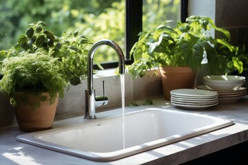 White kitchen faucet with a white sink and green plants in a stylish modern kitchen. 