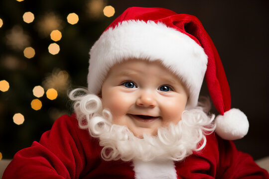 AI generated image of cute baby wearing red santa claus hat christmas tree bokeh lights dark background