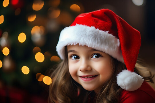 AI generated image of charming girl wear red santa claus hat christmas tree bokeh lights dark background