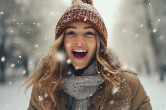 AI generated picture of cheerful positive charming adult girl walking in snowy winter park